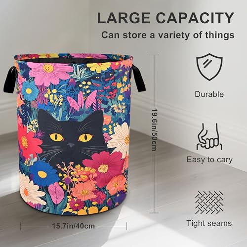 bassyil Black Cat Floral Laundry Basket Foldable Oxford Cloth Tote Bag Laundry Hamper Clothes Storage Bucket Organizer For Bathroom/Laundry Storage/Bedroom 19.6x15.7 Inch - Image 3