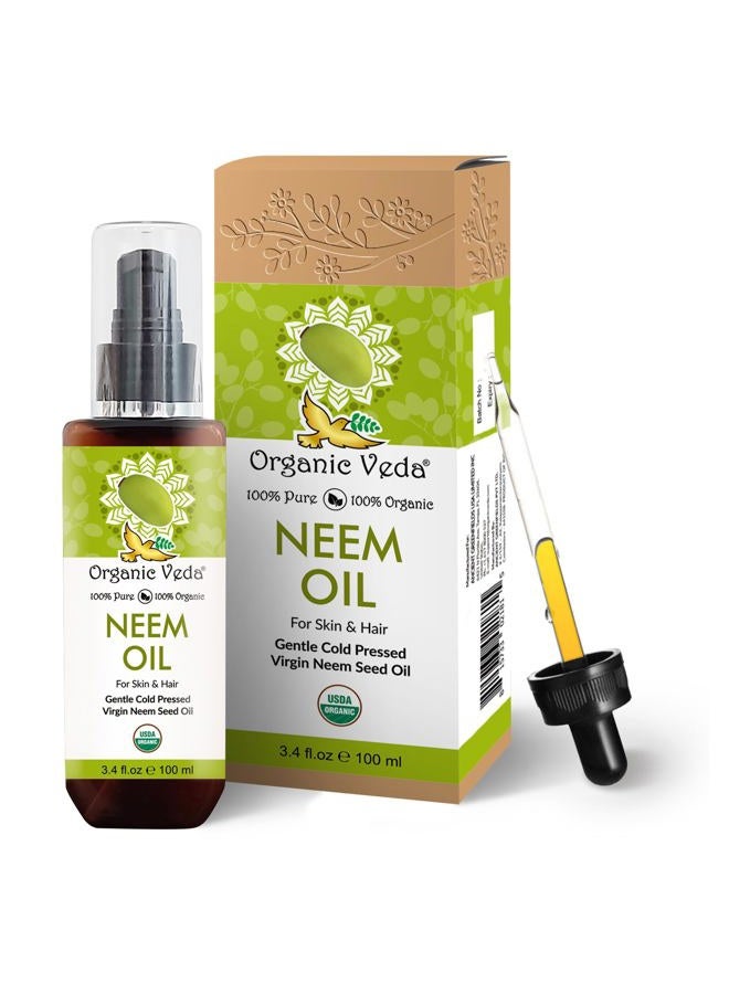 Organic Veda Neem Oil - Pure, Cold Pressed & Organic Neem Oil for Skin, Hair, Face, Body, Scalp - Natural Moisturizer, Virgin Neem seed oil - Rich in Vitamin E, Fatty Acids, Antioxidants - 3.4 fl oz - Image 1