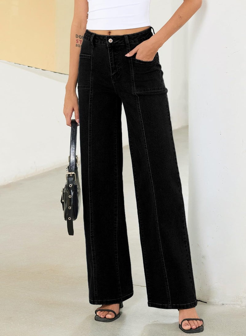 Sidefeel Womens Wide Leg Jeans High Waisted Stretchy Straight Leg Baggy Denim Pants Black Size 10 - Image 3