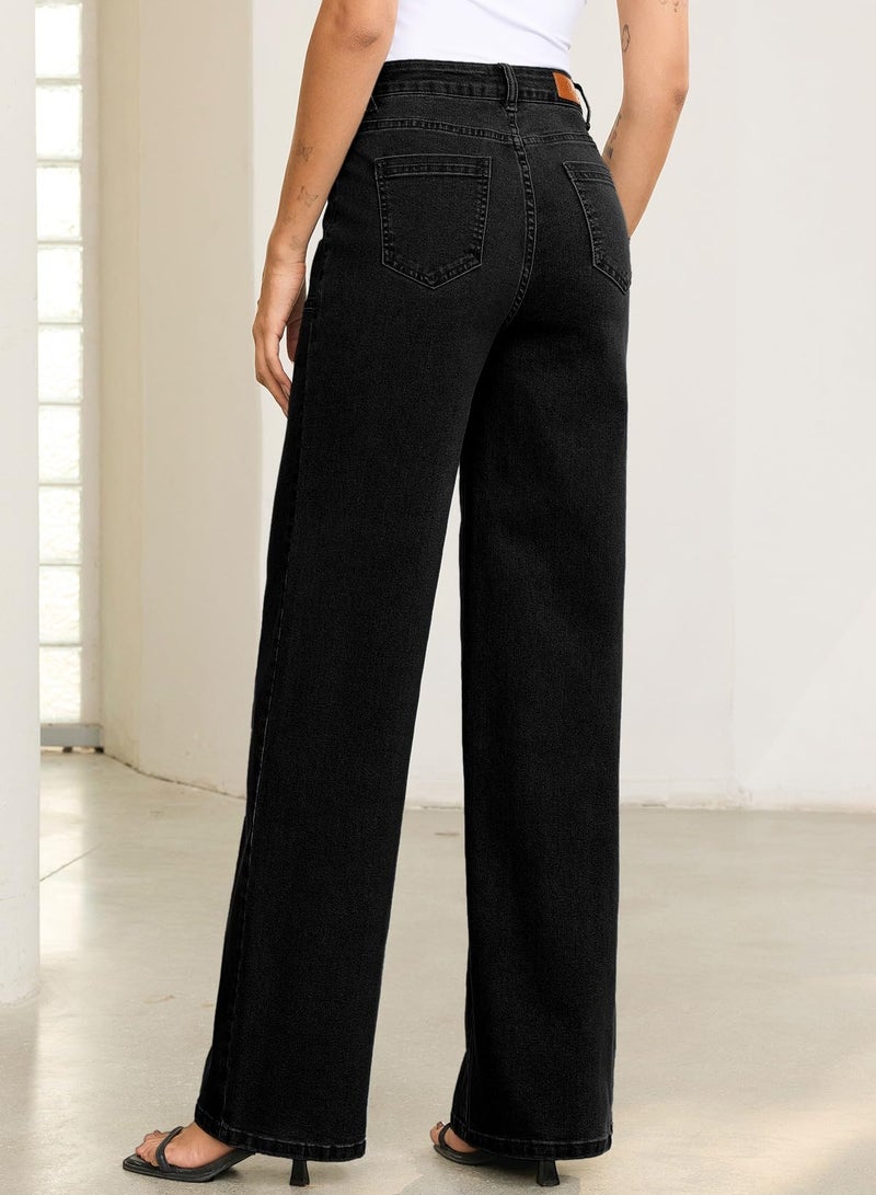 Sidefeel Womens Wide Leg Jeans High Waisted Stretchy Straight Leg Baggy Denim Pants Black Size 10 - Image 2