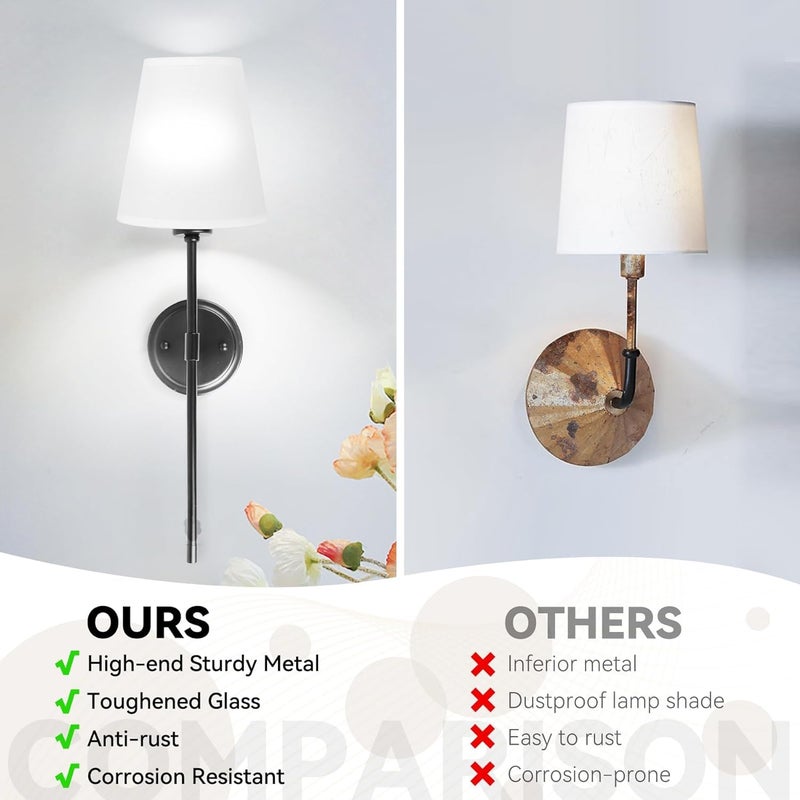 Improvhome Wall Sconces Set of 2 Black Modern Wall Light Fixture Industrial Wall Sconces Lighting for Bedroom Wall Lights with Fabric Shade Wall Lamps for Hallway E26 Socket Bulbs Not Included - Image 4