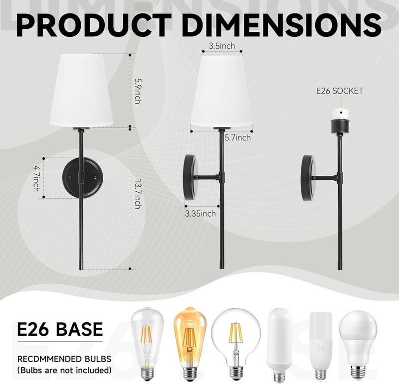 Improvhome Wall Sconces Set of 2 Black Modern Wall Light Fixture Industrial Wall Sconces Lighting for Bedroom Wall Lights with Fabric Shade Wall Lamps for Hallway E26 Socket Bulbs Not Included - Image 2