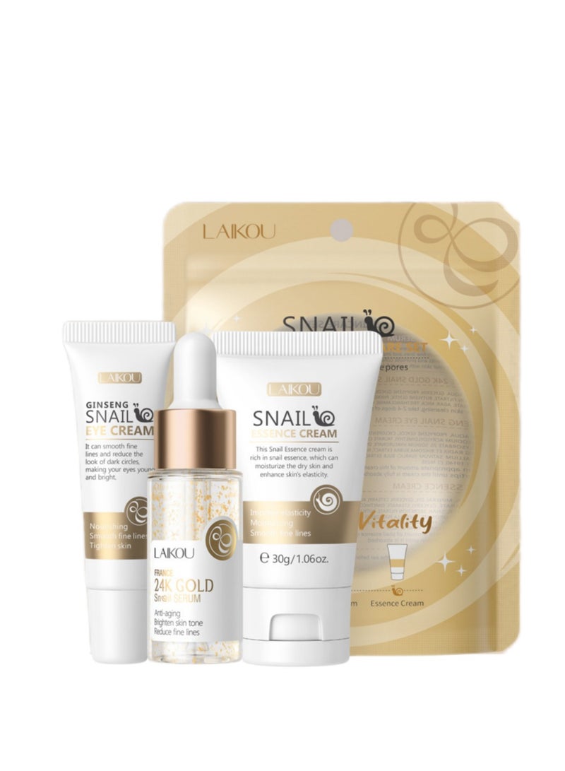 Laikou Skin Care Set with Snail Mucin, Snail Ginseng Serum,Eye Cream,Essence Cream 3 in 1 Travel, Suitable for Dry Skin, Acne-prone, Sensitive Skin, Improve Damaged Skin Lmproves Elasticity, Minimizes Pores - Image 1