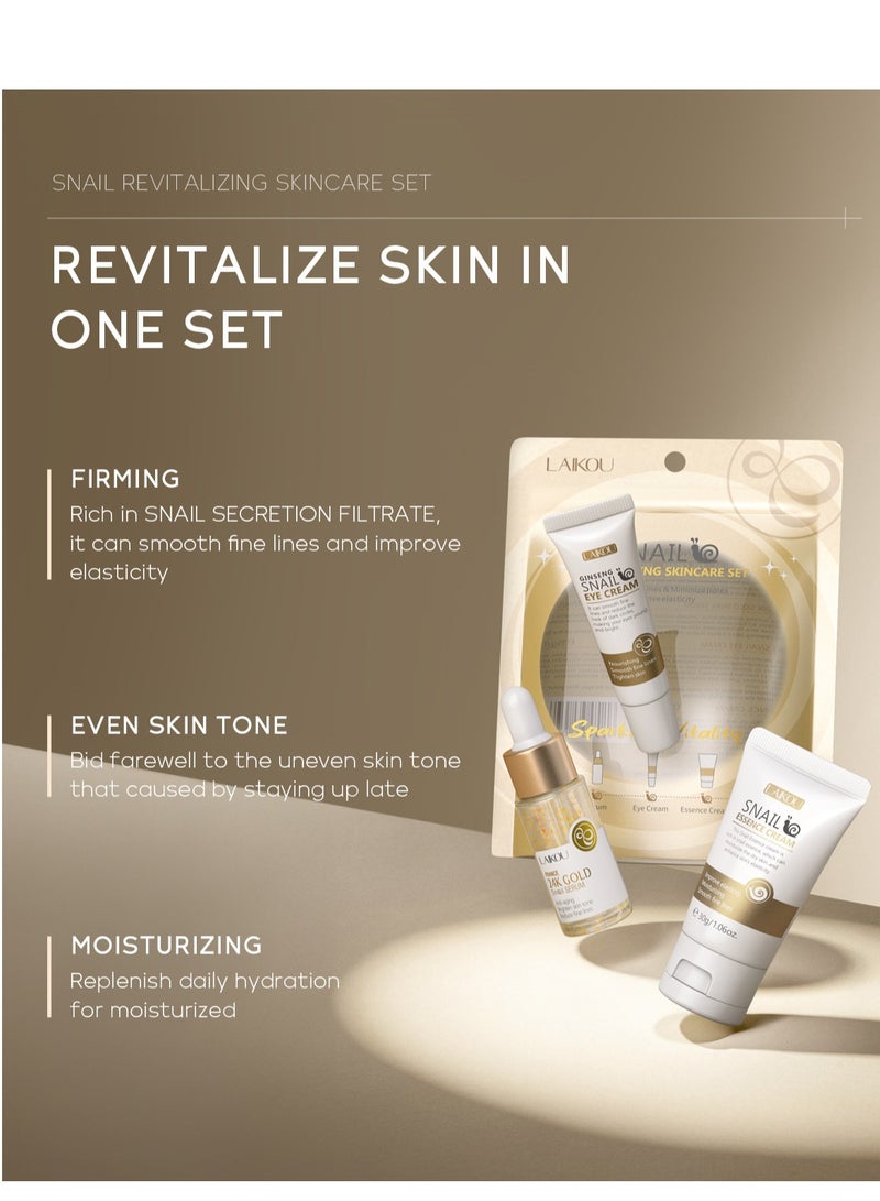 Laikou Skin Care Set with Snail Mucin, Snail Ginseng Serum,Eye Cream,Essence Cream 3 in 1 Travel, Suitable for Dry Skin, Acne-prone, Sensitive Skin, Improve Damaged Skin Lmproves Elasticity, Minimizes Pores - Image 2