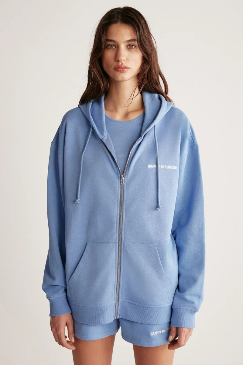 GRIMELANGE Ametis Women's Knitted Oversize Hooded Zippered Summer Detailed Blue Sweatshirt
