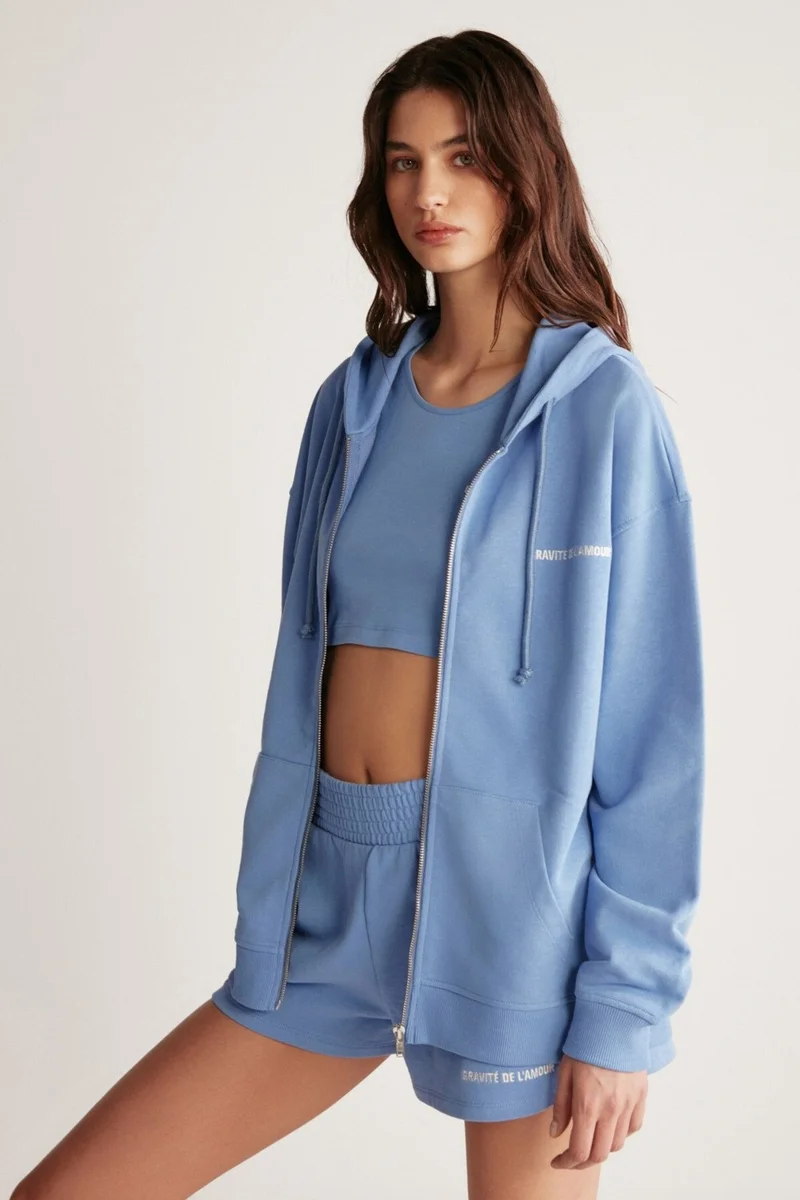 GRIMELANGE Ametis Women's Knitted Oversize Hooded Zippered Summer Detailed Blue Sweatshirt