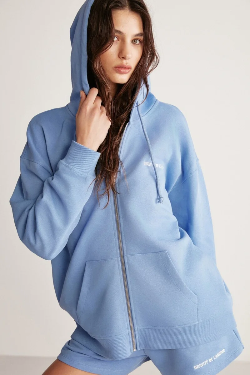GRIMELANGE Ametis Women's Knitted Oversize Hooded Zippered Summer Detailed Blue Sweatshirt