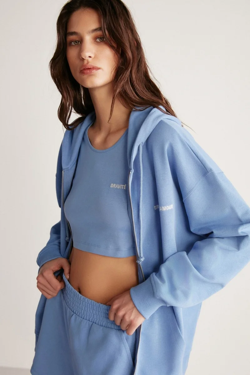 GRIMELANGE Ametis Women's Knitted Oversize Hooded Zippered Summer Detailed Blue Sweatshirt
