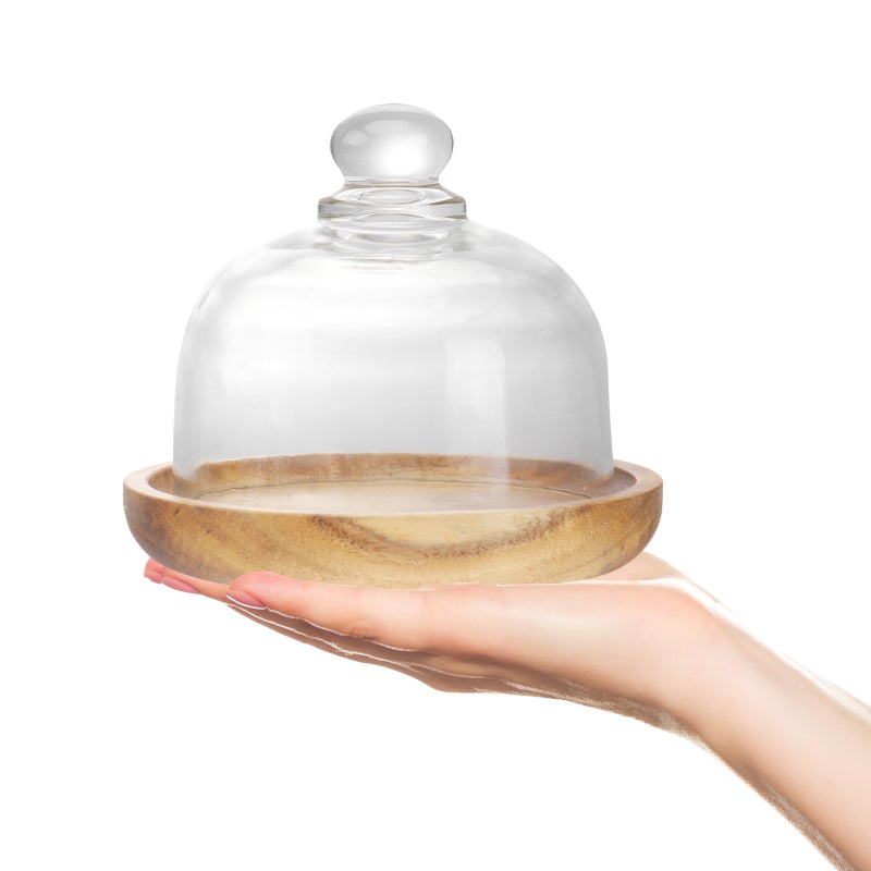 1 Set Mini Dessert Trays Wood Server Cake Stand With Glass Dome - Image 4