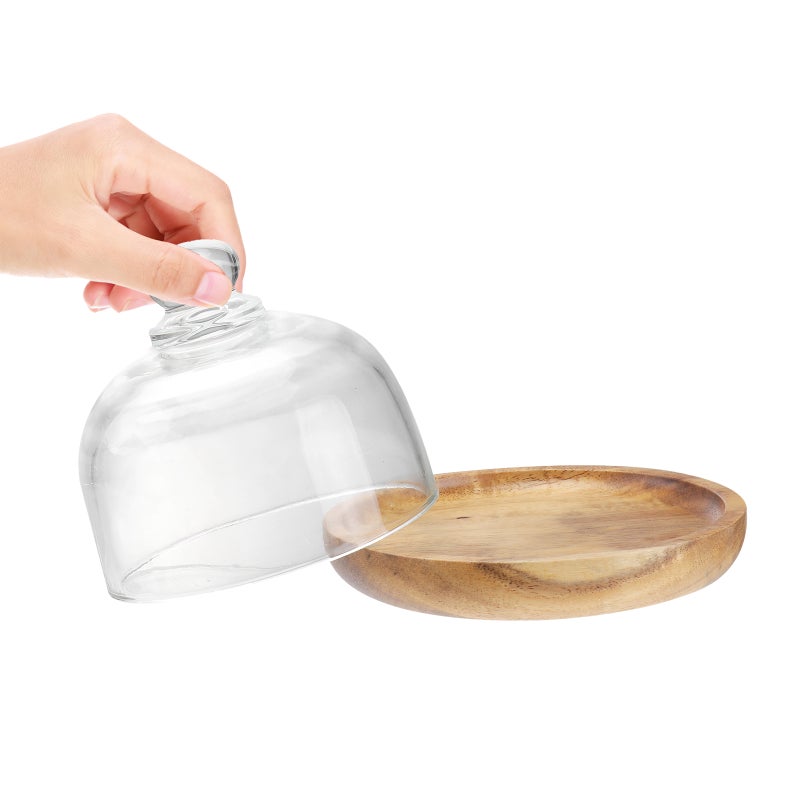 1 Set Mini Dessert Trays Wood Server Cake Stand With Glass Dome - Image 1