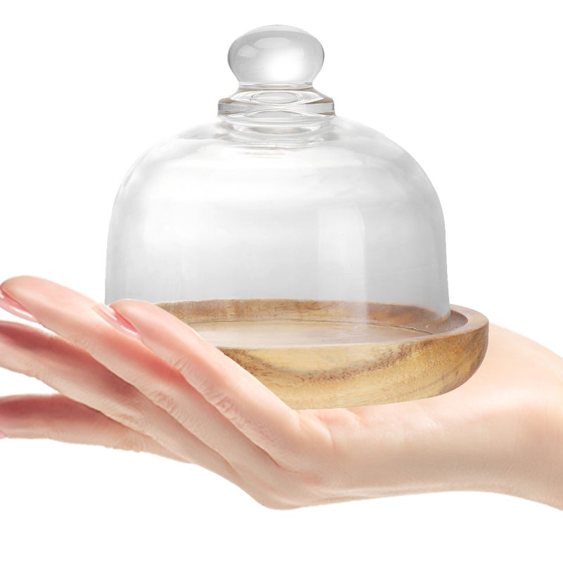 1 Set Mini Dessert Trays Wood Server Cake Stand With Glass Dome - Image 3