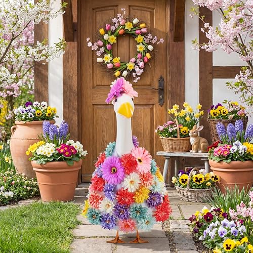 Abbylike Summer Floral Porch Goose Outfits for 23 Inch Lawn Statue Colorful Artificial Flower Goose Dress with Hat Summer Geese Costume Clothes for Outdoor Garden Patio Yard Decoration - Image 3