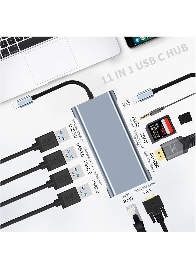 محور USB C، محطة إرساء 11 في 1 مع HDMI بدقة 4K، VGA، RJ45 إيثرنت، 3.0 و 2.0، قارئ بطاقة SD TF، شحن PD 100W، صوت 3.5 مم، محول متعدد المنافذ لأجهزة كمبيوتر MacBook Pro المحمولة - Image 5