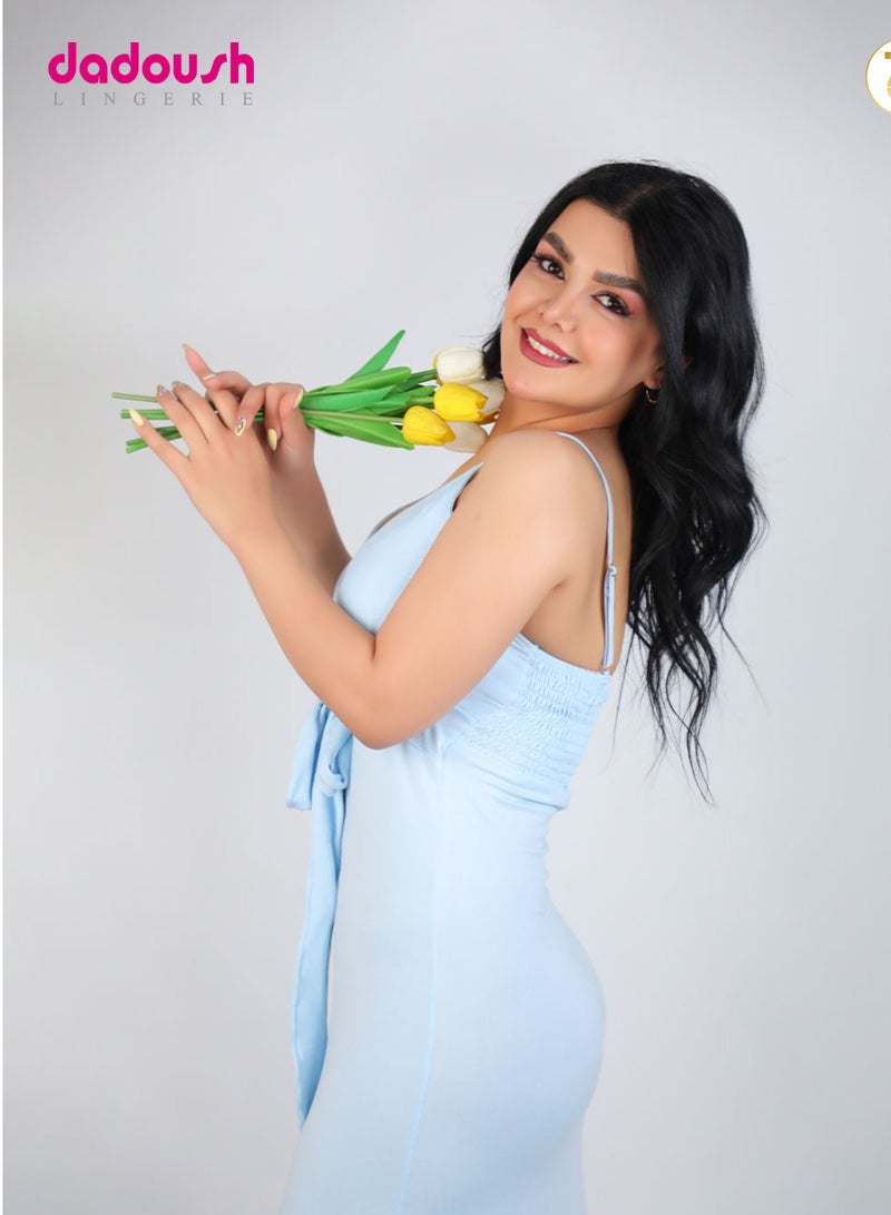 Dadoush Women's Casual Long Nightgown Home Sleepwear with Spaghetti Strap and Waist Tie  - Image 2
