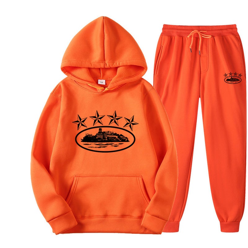 Cross-border Foreign Trade Corteiz Trendy Street Loose suit Womens Hip-hop Skateboard Five-pointed Star Magic Island Fashion Sweatshirt Orange 