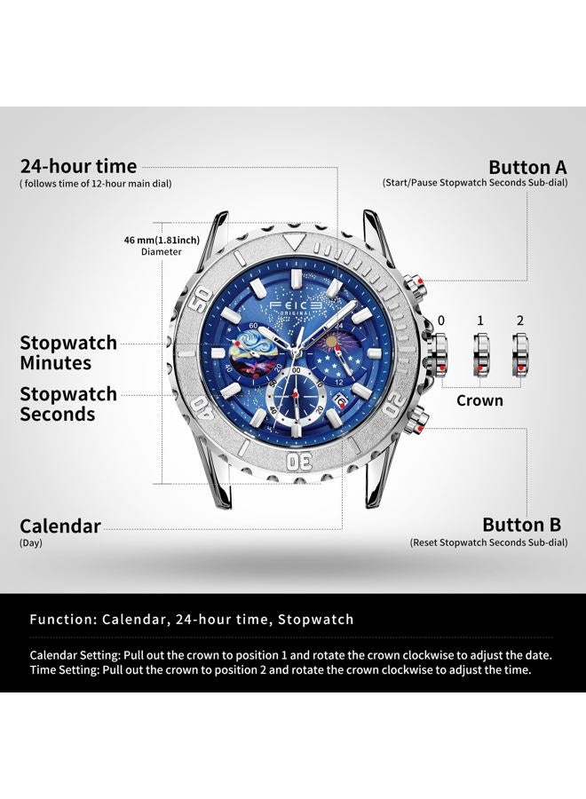 FEICE FK131 Watch - Exquisite Timepiece with Celestial Background and Timing Function (Blue) - Image 4