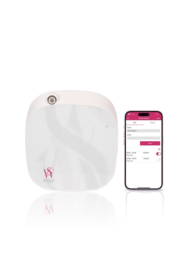 M100 Electric Diffuser Covers 100 to 200 cubic meters Suitable for small spaces, 100ml essential oil bottle, nano technology scent diffuser, easy control via Bluetooth to adjust the aroma intensity, operating hours and operating days, child safety lock, spreads the scent evenly in the place, can be installed directly into the electrical outlet