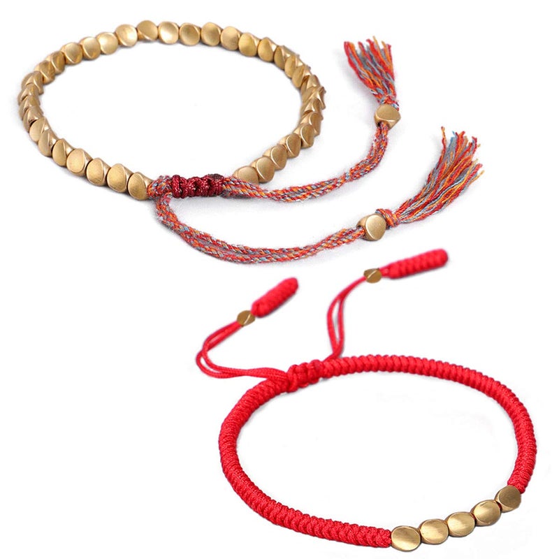 Nanafast 2 Pcs Tibetan Copper Beads Bracelet Adjustable Handmade Braided Copper Bracelet Set for Women Men Lucky Tibetan Bracelet Gifts Red - Image 1