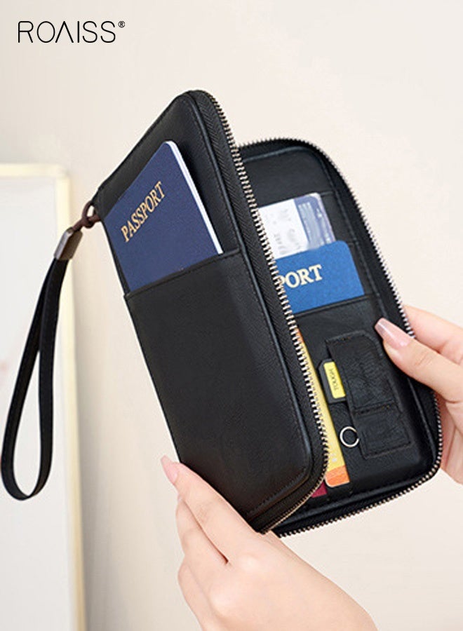 رويس حامل جواز سفر للجنسين، غطاء جواز سفر قابل للطي محمي بتقنية تحديد الهوية بموجات الراديو، حافظة متعددة الوظائف بلون واحد لوثائق السفر، محفظة متينة من البولي يوريثان مقاومة للماء، سعة تخزين كبيرة، لون أسود - Image 5