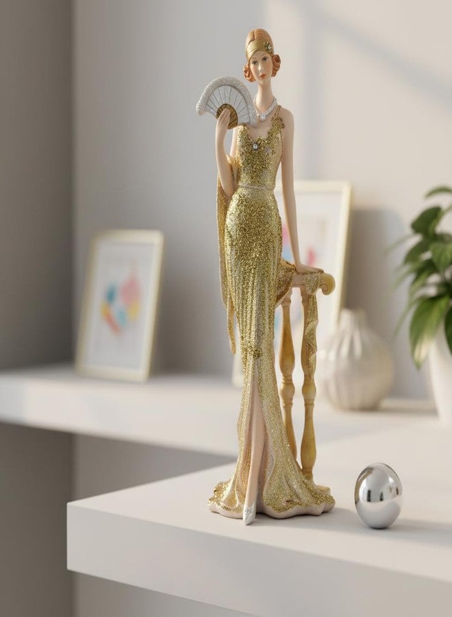 Comfy Hour 13" Glamour Elegance Victorian Art Figurine, Camille Lady with Fan Statue, Roaring 20s Art Deco Style Home Decor Accent, Polyresin Artisan Crafted Sculpture, 1 Unit (Gold) - Image 4