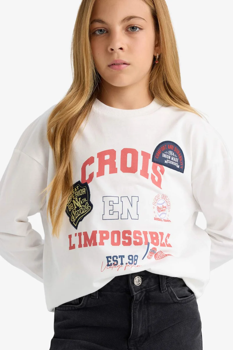 ديفاكتو Girl Oversize Crew Neck Printed T-Shirt