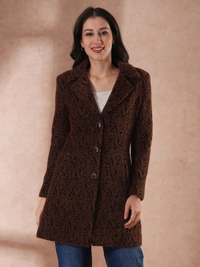 جلو باص Women Notched Lapel Self Design Tailored Fit Winter Wear Overcoat