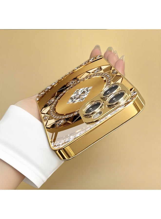 Luxury Golden Compass Rhinestone Electroplated Tempered Glass Hard PC Phone Case for iPhone 14 Pro / 15 Pro / 16 Pro, Shockproof, Full Camera Lens Protection - Image 2