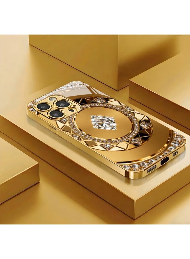 Luxury Golden Compass Rhinestone Electroplated Tempered Glass Hard PC Phone Case for iPhone 14 Pro / 15 Pro / 16 Pro, Shockproof, Full Camera Lens Protection - Image 1
