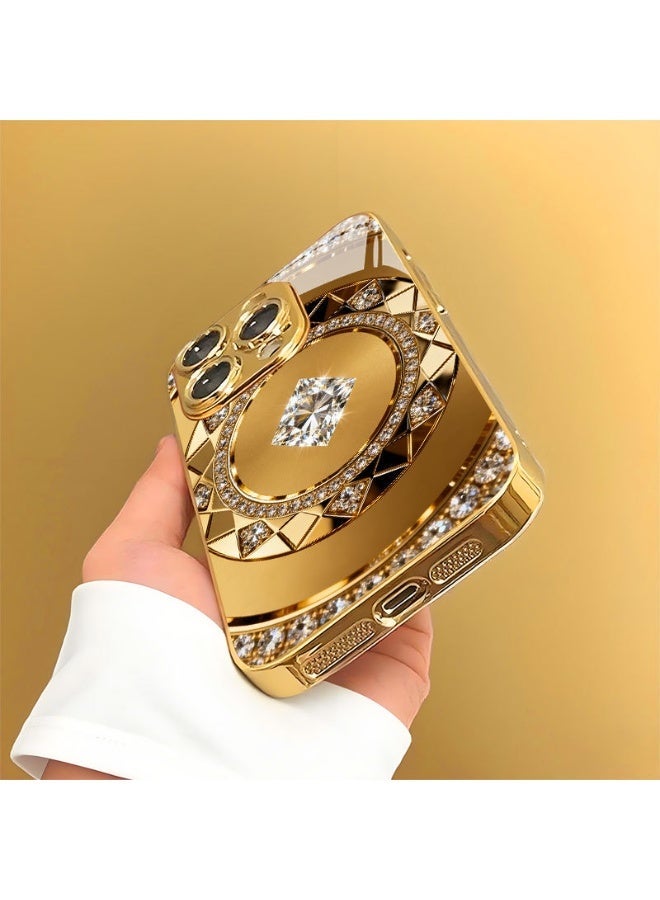 Luxury Golden Compass Rhinestone Electroplated Tempered Glass Hard PC Phone Case for iPhone 14 Pro / 15 Pro / 16 Pro, Shockproof, Full Camera Lens Protection - Image 3