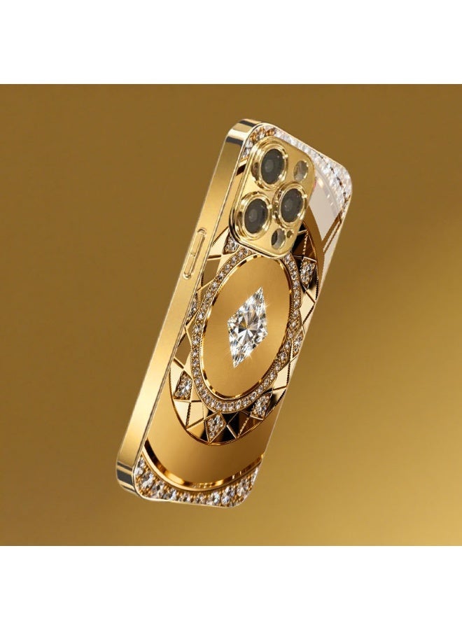 Luxury Golden Compass Rhinestone Electroplated Tempered Glass Hard PC Phone Case for iPhone 14 Pro / 15 Pro / 16 Pro, Shockproof, Full Camera Lens Protection - Image 4
