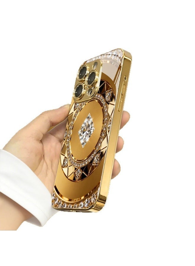 Luxury Golden Compass Rhinestone Electroplated Tempered Glass Hard PC Phone Case for iPhone 14 Pro / 15 Pro / 16 Pro, Shockproof, Full Camera Lens Protection - Image 5