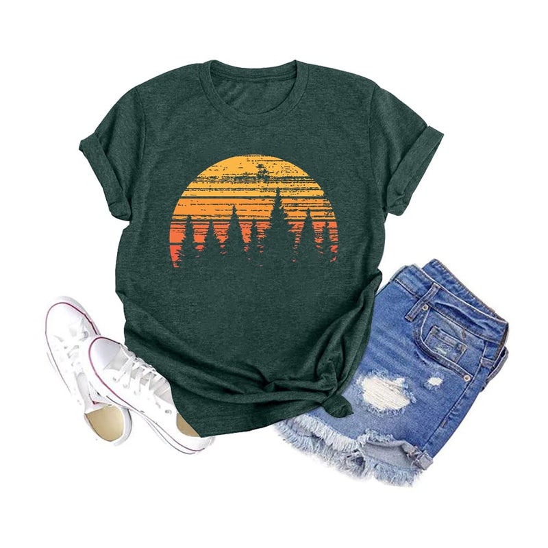 GEMLON Sunset Pine Tree Tshirt Women Camping Tshirt Retro Sun Print Graphic Tee Casual Short Sleeve Top - Image 1