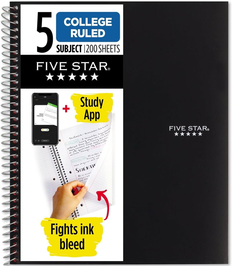 Five Star Spiral Notebook + Study App, 5 Subject, College Ruled Paper, 11" X 8-1/2", 200 Sheets, Black, 1 Count (72081) - Image 1