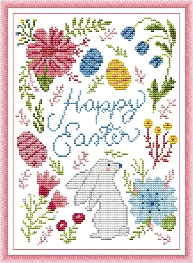 Amiiba Stamped Cross Stitch Kits, Happy Easter Animal Rabbit Flower DIY 11CT 10.6x15.3 inch (Easter) - Image 1