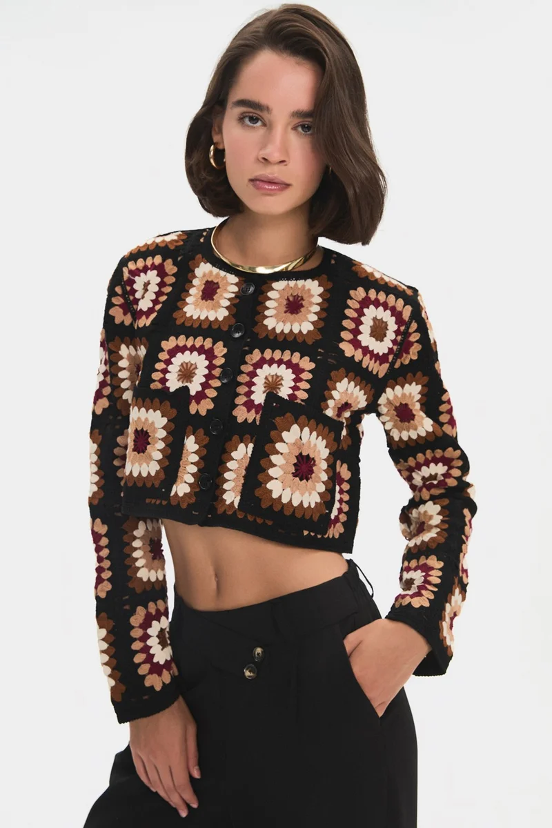 JUNE Women's Geometric Patterned Crop Knitwear Cardigan