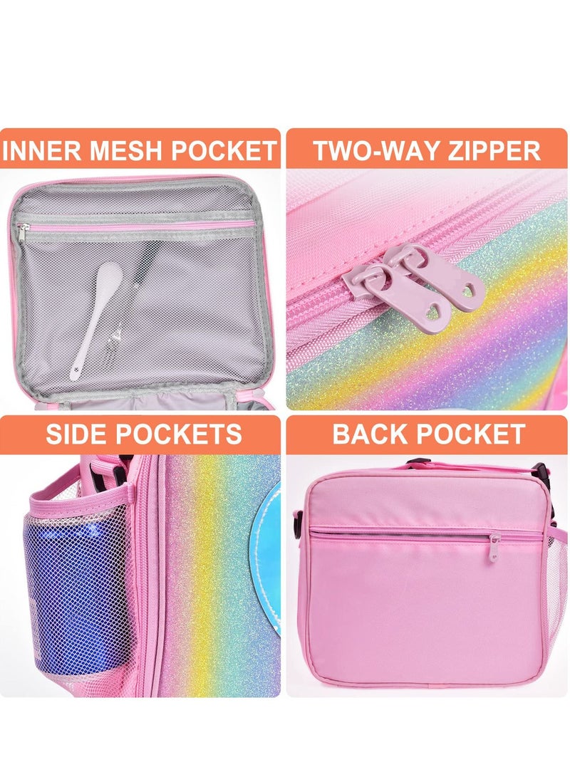 Children Lunch Box Rainbow Laser Tote Leakproof Insulated Lunch Bag Reusable Insulated Bento Bag Picnic Ice Bag Girls Simple Shoulder Bag for School and Outdoor Backpack (Pink) - Image 5
