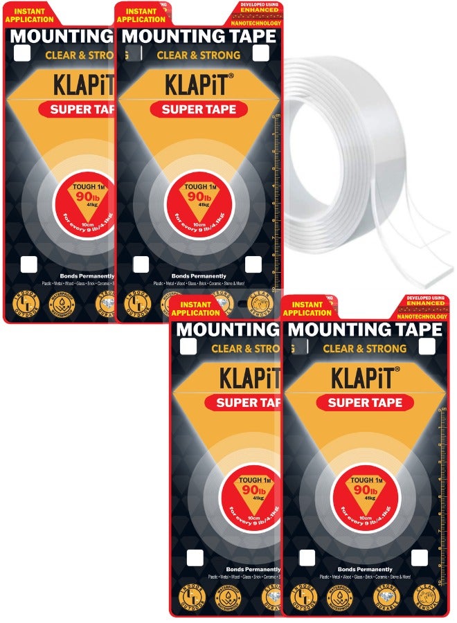 KLAPiT SUPER TAPE Double Sided Heavy Duty Mounting Tape Holds 90 Pounds Or 41Kg Using Enhanced Nano Technology. Waterproof Clear Tape For Wall, Wood, Tile, Stone, Glass, Metal, Acrylic 4pc - Image 1