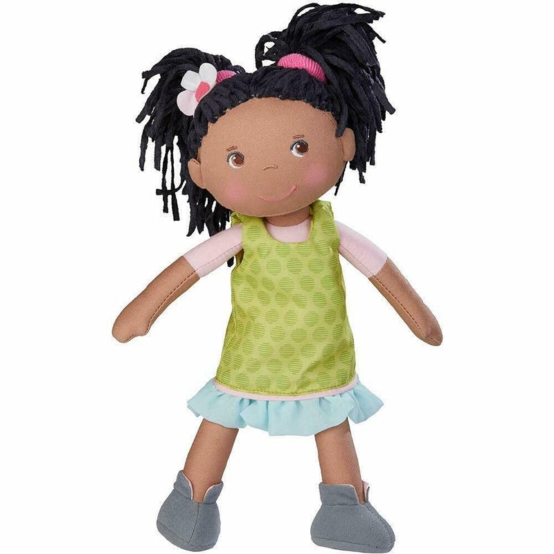 HABA Cari 12" Soft Doll - Machine Washable with Green Dress, Embroidered Face, Brown Eyes and Black Pigtails - Image 1