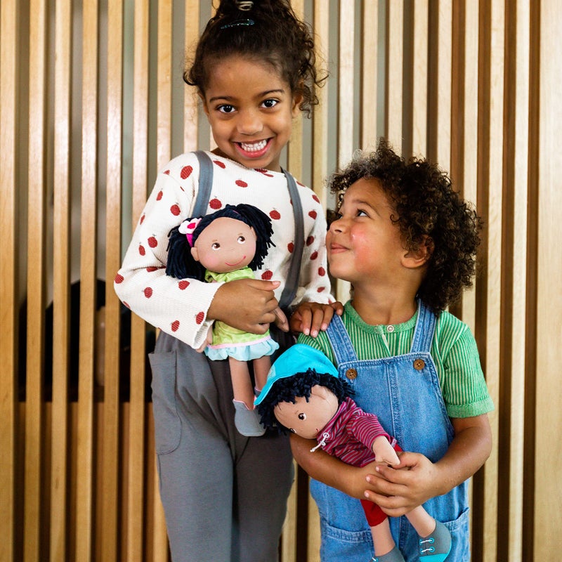HABA Cari 12" Soft Doll - Machine Washable with Green Dress, Embroidered Face, Brown Eyes and Black Pigtails - Image 5