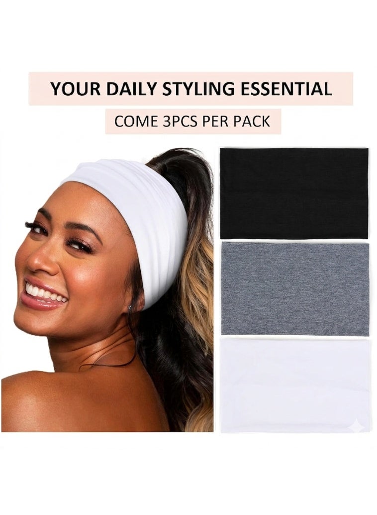 TEMPO 3-Pack Wide Headbands for Women & Men, Non-Slip Elastic Thick Stretchy Boho Hairbands, Perfect for Workout, Running, Yoga, Gym, Activewear, Sports, Daily Use for All Hair Types - Image 2