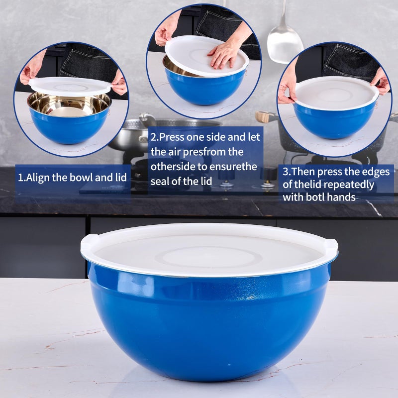 Onlycooker Blue Mixing Bowls With Airtight Lids,Stainless Steel Bowl,Salad Bowls 7 Piece Colorful Nesting Bowl Blue Kitchen Accessories,Size 7,3.6,2.7,2.1,1.5,1.1,0.8QT Stackable Design - Image 3