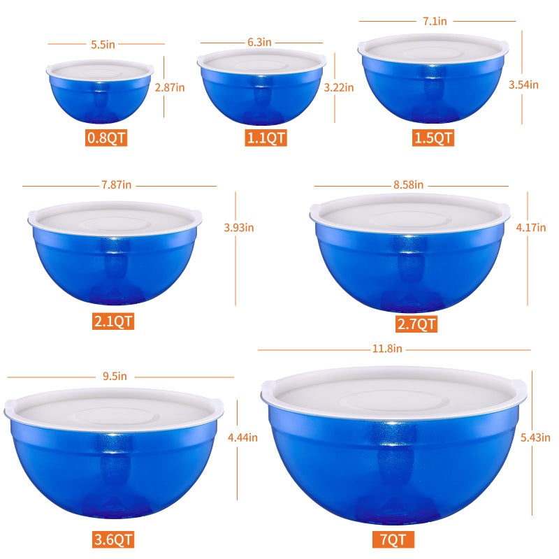 Onlycooker Blue Mixing Bowls With Airtight Lids,Stainless Steel Bowl,Salad Bowls 7 Piece Colorful Nesting Bowl Blue Kitchen Accessories,Size 7,3.6,2.7,2.1,1.5,1.1,0.8QT Stackable Design - Image 2