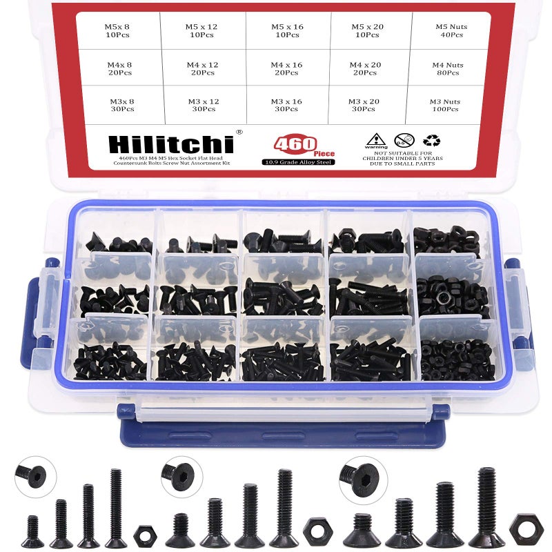 Hilitchi 460-Pcs M3 M4 M5 Hex Socket Flat Head Countersunk Bolts Screw Nut Assortment Kit - 10.9 Grade Alloy Steel - Image 1
