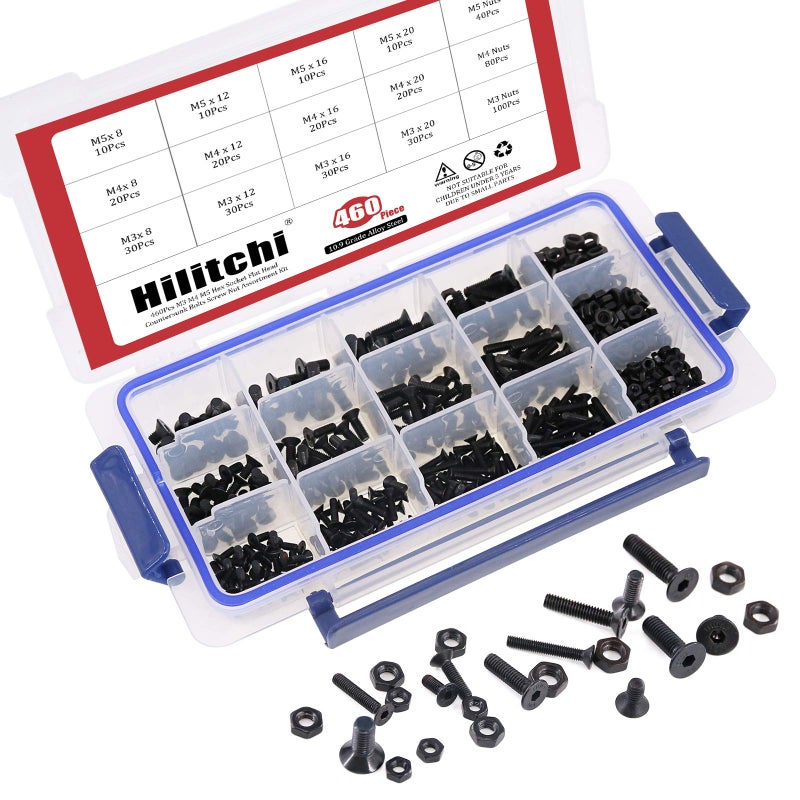 Hilitchi 460-Pcs M3 M4 M5 Hex Socket Flat Head Countersunk Bolts Screw Nut Assortment Kit - 10.9 Grade Alloy Steel - Image 3
