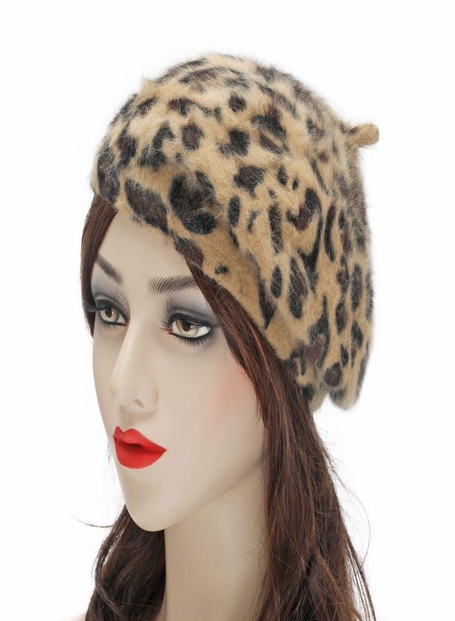 ZLYC Womens Rabbit Fur French Beret Hat Leopard Print Brown - Image 2