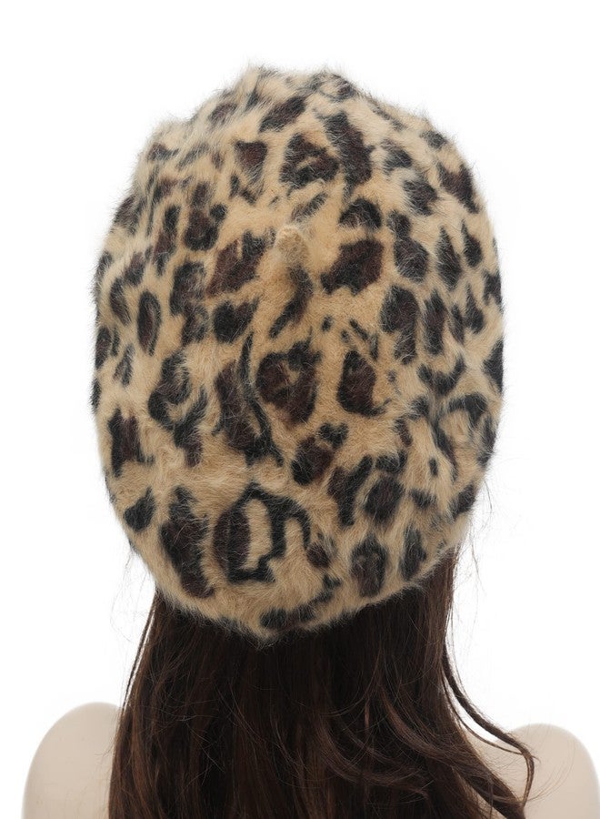 ZLYC Womens Rabbit Fur French Beret Hat Leopard Print Brown - Image 4