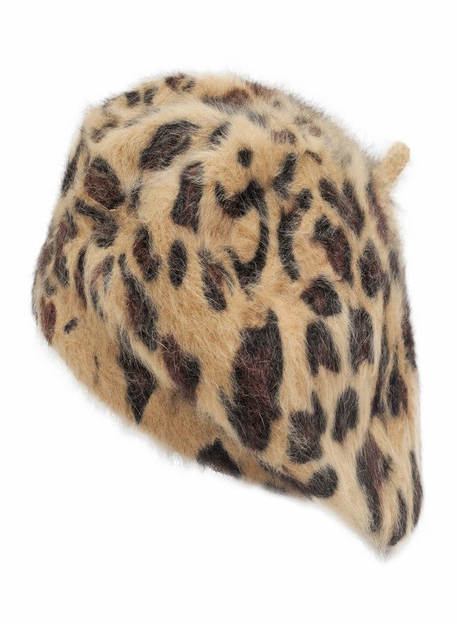 ZLYC Womens Rabbit Fur French Beret Hat Leopard Print Brown - Image 1
