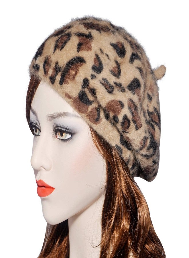 ZLYC Womens Rabbit Fur French Beret Hat Leopard Print Brown - Image 3
