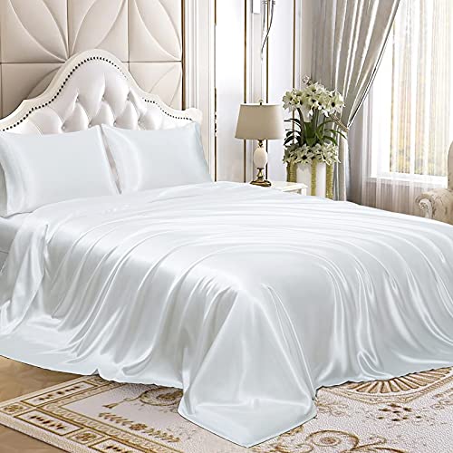 Homiest 3pcs Satin Sheets Set Luxury Silky Satin Bedding Set with Deep Pocket 1 Fitted Sheet  1 Flat Sheet  1 Pillowcase Twin Size White