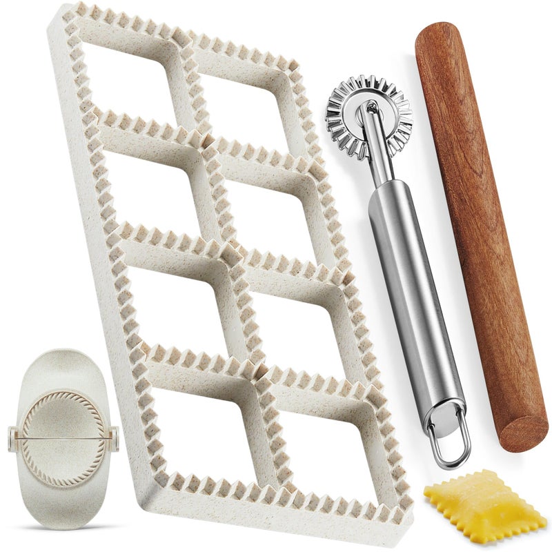 MUMSUNG Ravioli Maker Press Ravioli Press Mold Set  185 Squares Ravioli Stamp Maker Cutter with Wood Rolling Pin 26 Empanada Maker Press Kit and Ravioli Wheel Makes 8 Ravioli